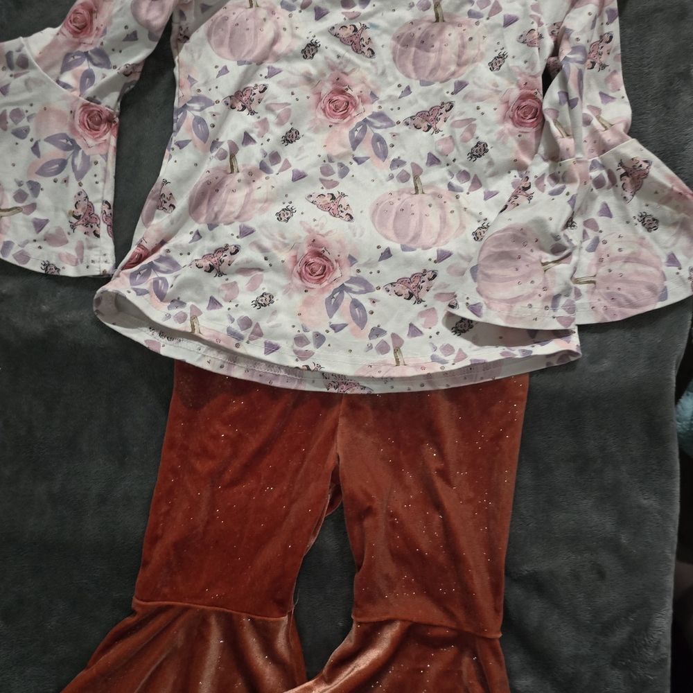 Floral Bell Sleeve Top and Velvet Pants Set